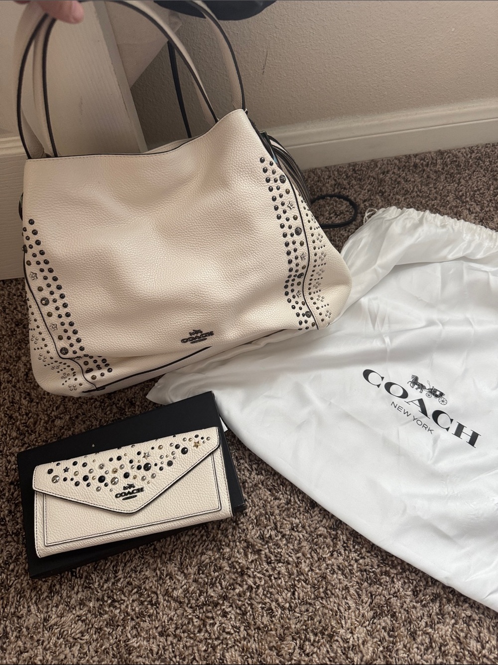 Coach Cream Pebbled Leather Studded Tote with Matching Wallet Set